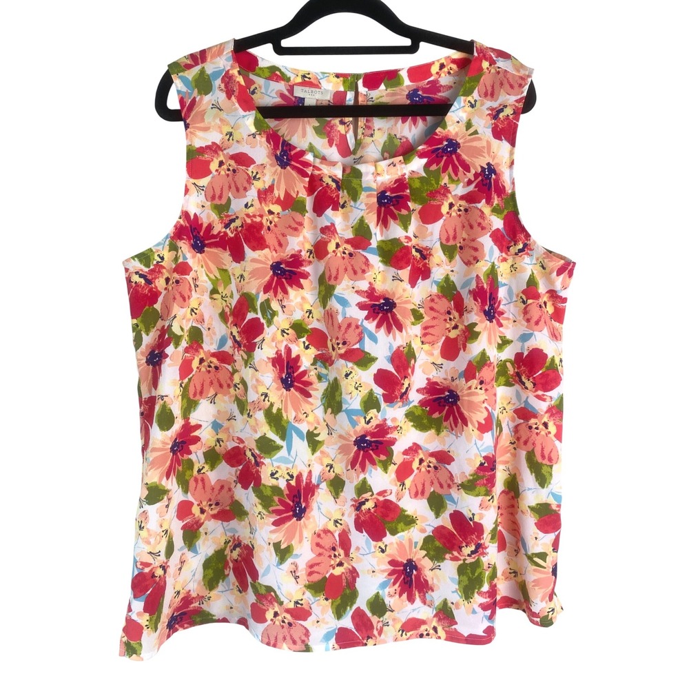 Talbots Womens Sleeveless Blouse Tank Top‎ L Floral Pink Orange Pleated Neck